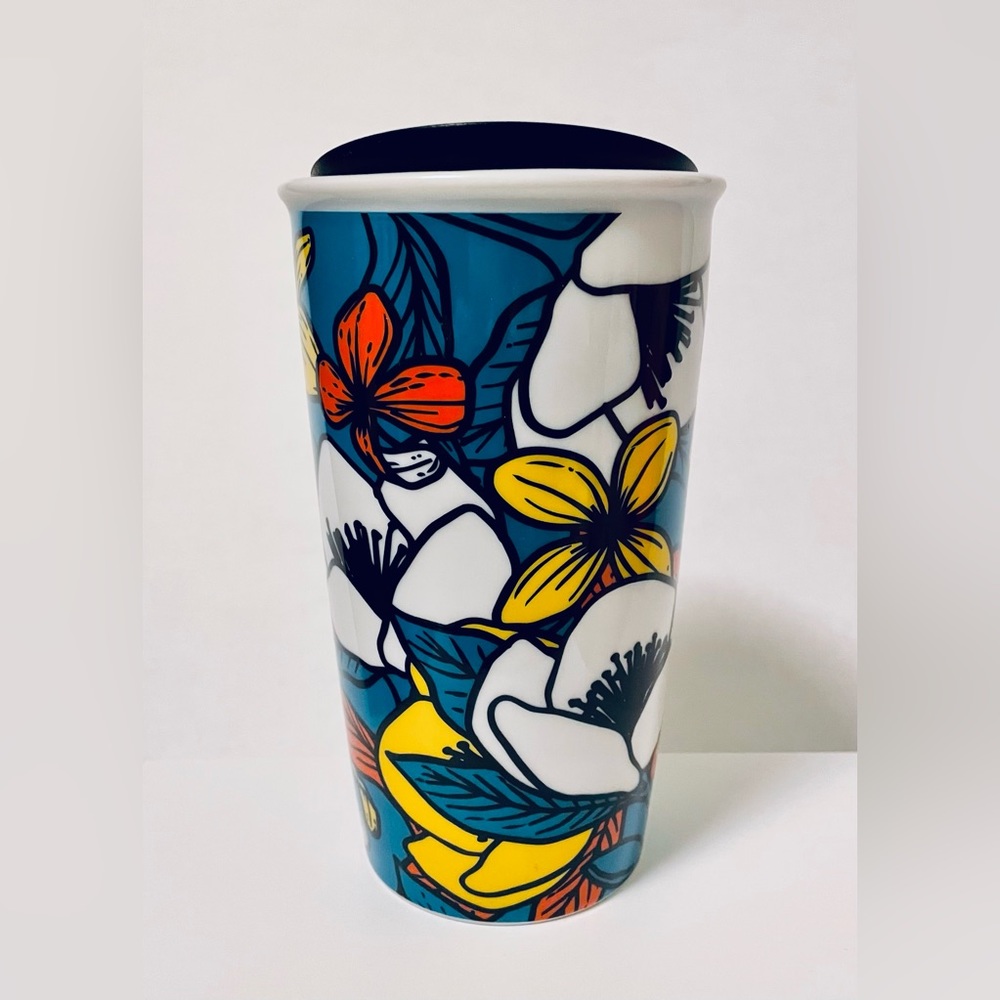 NWT Starbucks Teal Poppy Flowers Ceramic Travel Tumbler Coffee Mug w/Lid 12 oz